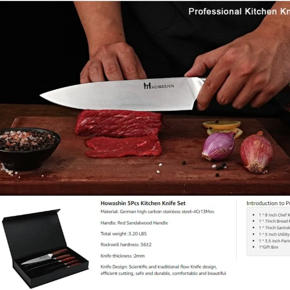 5 pcs - Professional Kitchen Knife Set with Red Sandalwood Handles